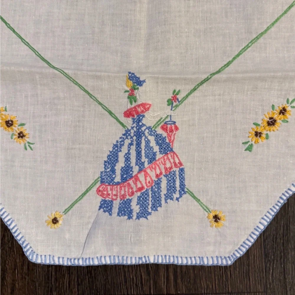 Vintage 17X34 Embroidered Table Runner Crinoline Lady Sunflower White Linen Blue
